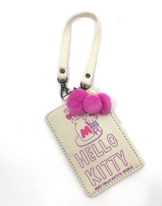 Hello Kitty Canvas Card Holder w/ Strap & Plush Bow – 4”x3” ID Case Japan