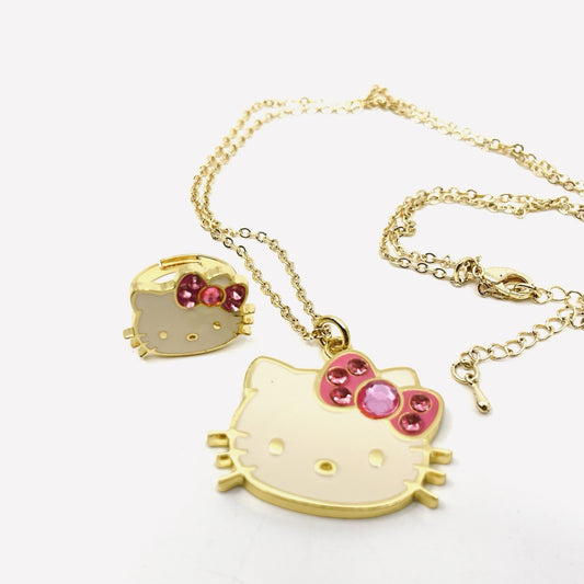 Sanrio Hello Kitty Necklace & Ring Gift Set – Pink Bow, 2017, NIB