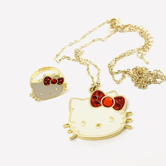 Sanrio Hello Kitty Necklace & Ring Gift Set – Red Bow, 2017, NIB